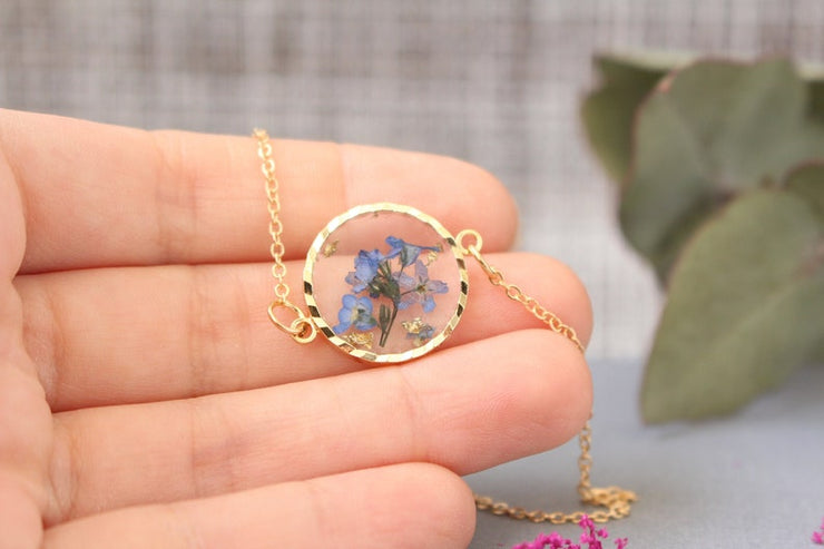 Fancy Forget-Me-Not Pressed Flower Gold Plated Necklace