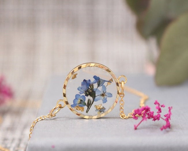 Fancy Forget-Me-Not Pressed Flower Gold Plated Necklace