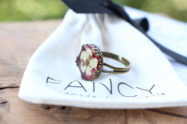 Fancy Vintage Pressed Red Flower Brass Ring