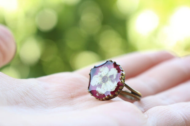 Fancy Vintage Pressed Red Flower Brass Ring